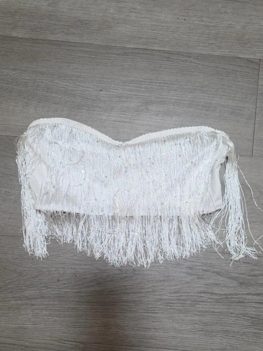 SHEIN White Strapless Fringe Sequin Crop Top